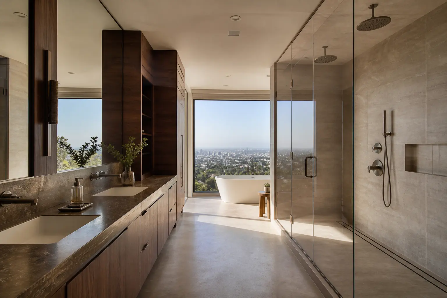 Hillside primary bathroom with stone counters, walk-in shower and city view soaking tub