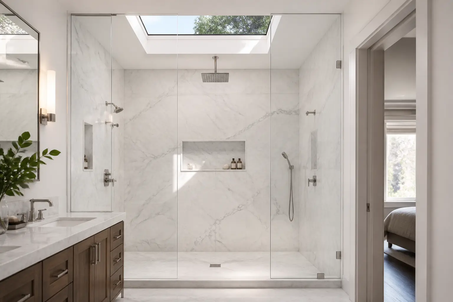 Light bathroom with book-matched white marble shower and skylight