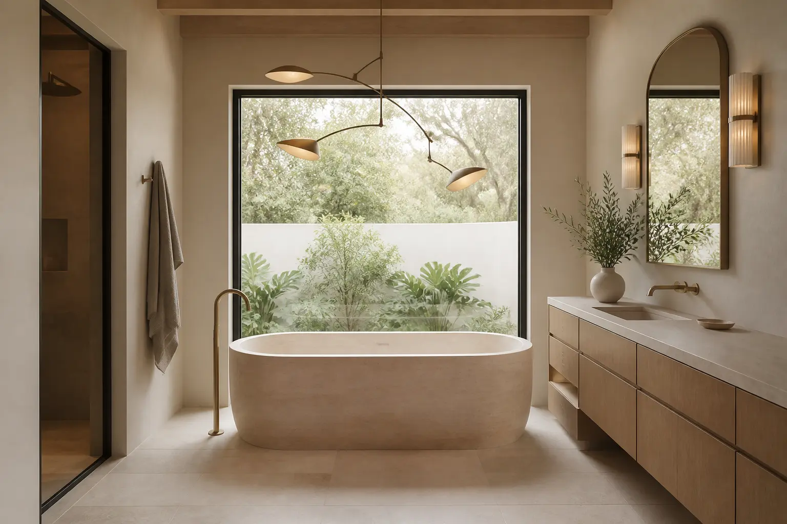 Modern organic bathroom with carved stone tub framed by a picture window