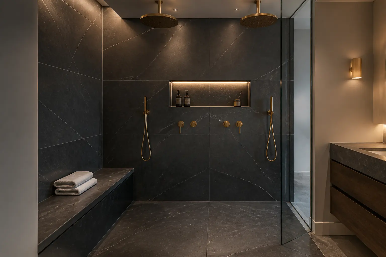 Dark walk-in shower in honed black stone with dual brass rainheads and bench