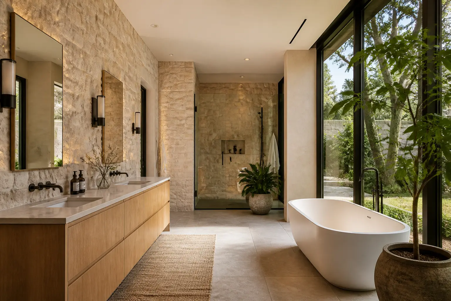Modern organic bathroom with rough stone walls, oak vanity and sculptural tub