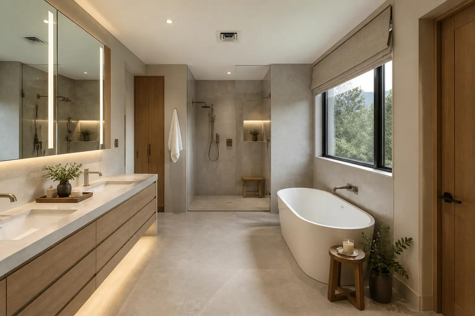 Serene primary bathroom with long stone vanity, wet room shower and tub at the window