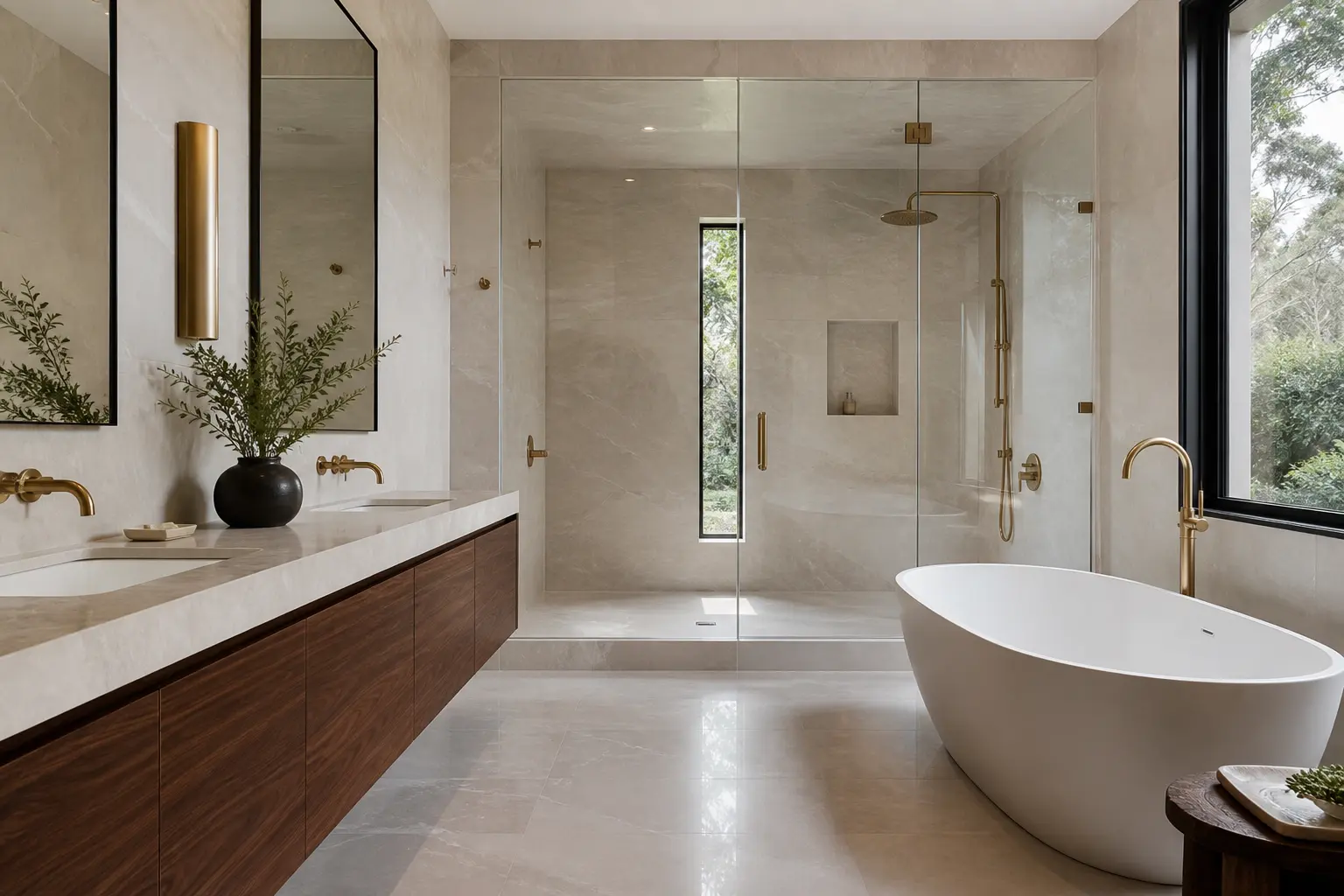 Contemporary bathroom with limestone slab walls, walnut vanity and brass fixtures