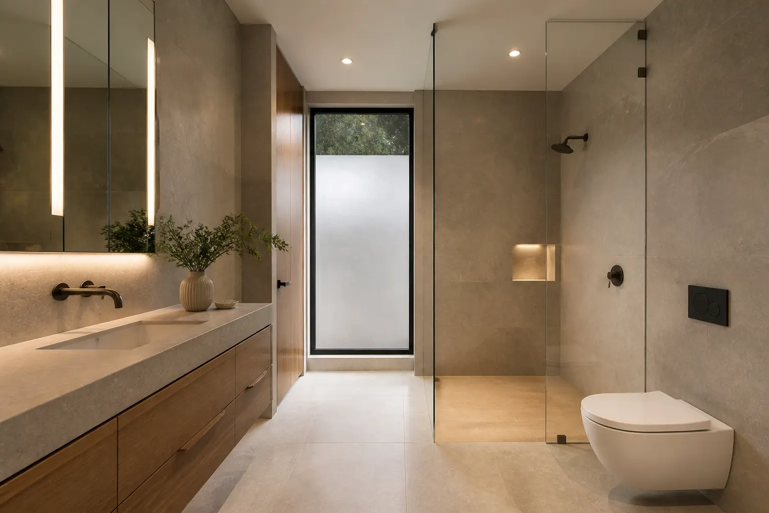 Los Angeles guest bathroom with limestone walls, curbless glass shower and floating oak vanity