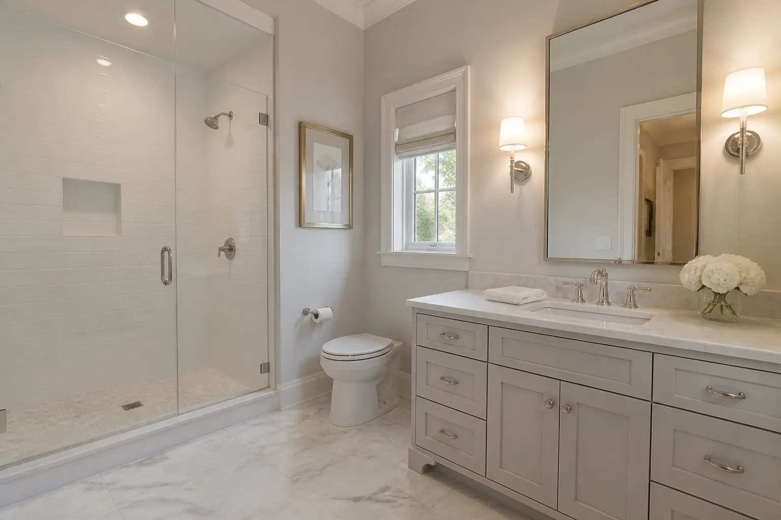 Traditional bathroom with grey shaker vanity, marble floor and glass shower