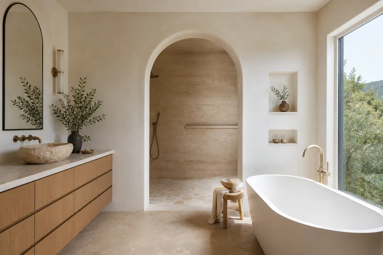 Warm minimal primary bathroom with plaster arch shower, stone basin and oak vanity
