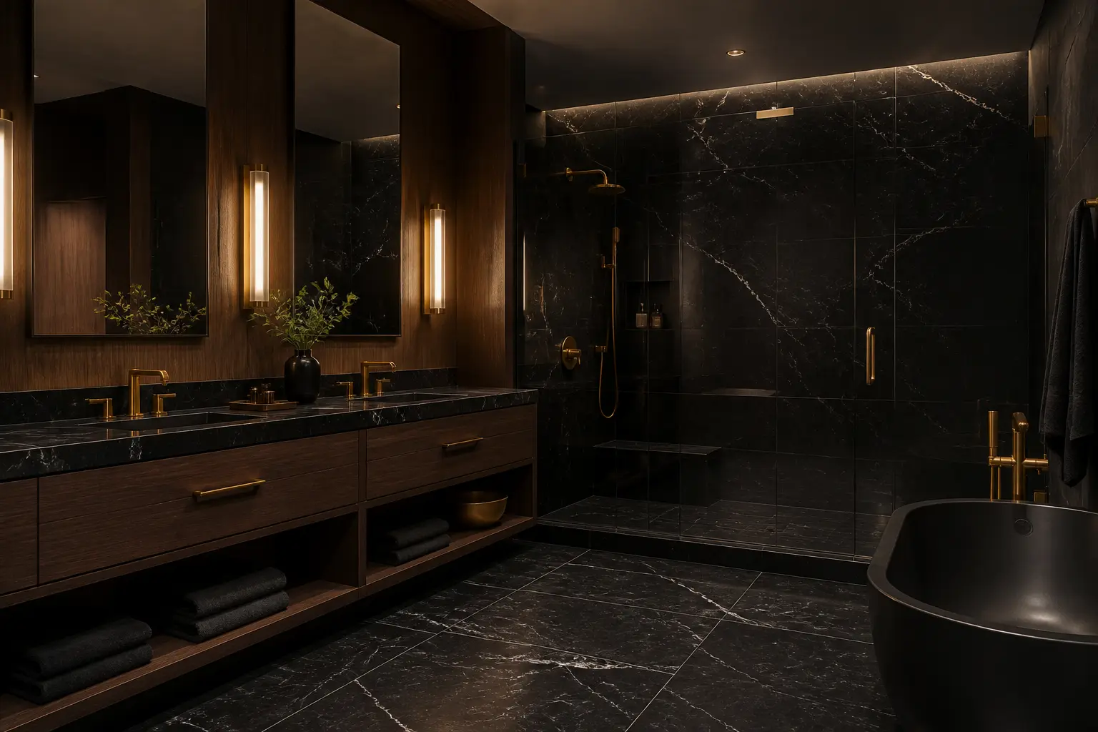 Dark primary bathroom with black marble, walnut vanity and brass fixtures