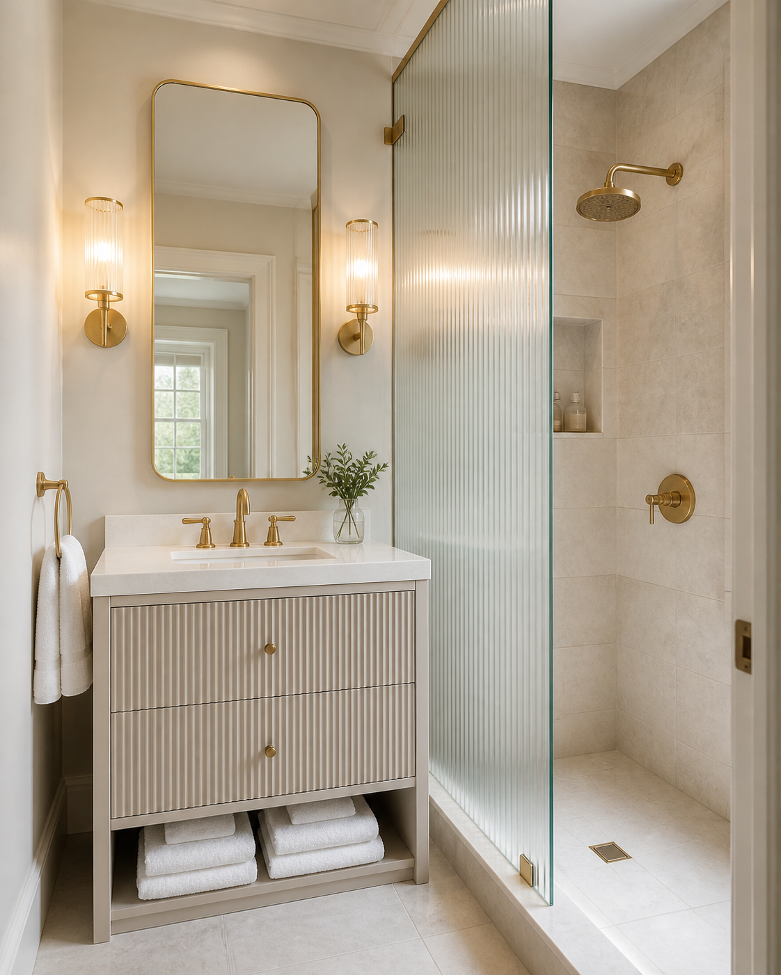 Atherton guest bathroom with fluted vanity, brass sconces and reeded glass shower screen