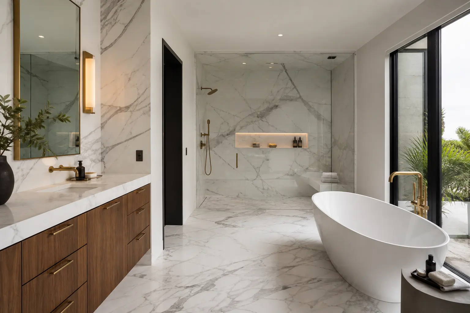 Los Angeles primary bathroom with Calacatta marble, walnut vanity and brass fittings