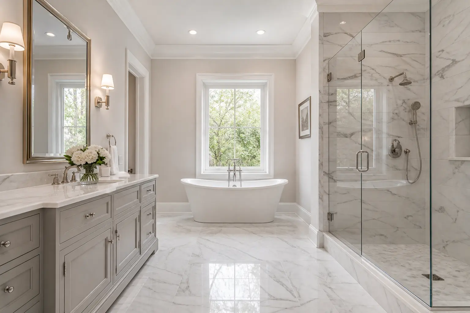 Classic light bathroom with grey cabinetry, marble floors and freestanding tub under a window