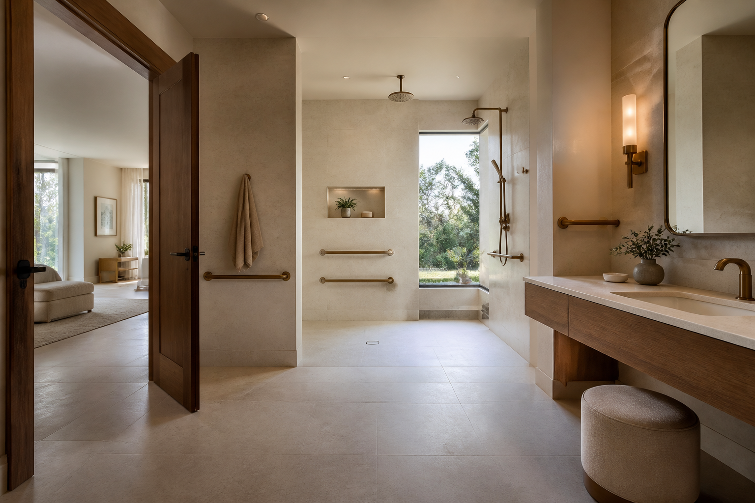 Hidden Hills accessible bathroom with curbless roll-in shower, brass grab bars and seated vanity