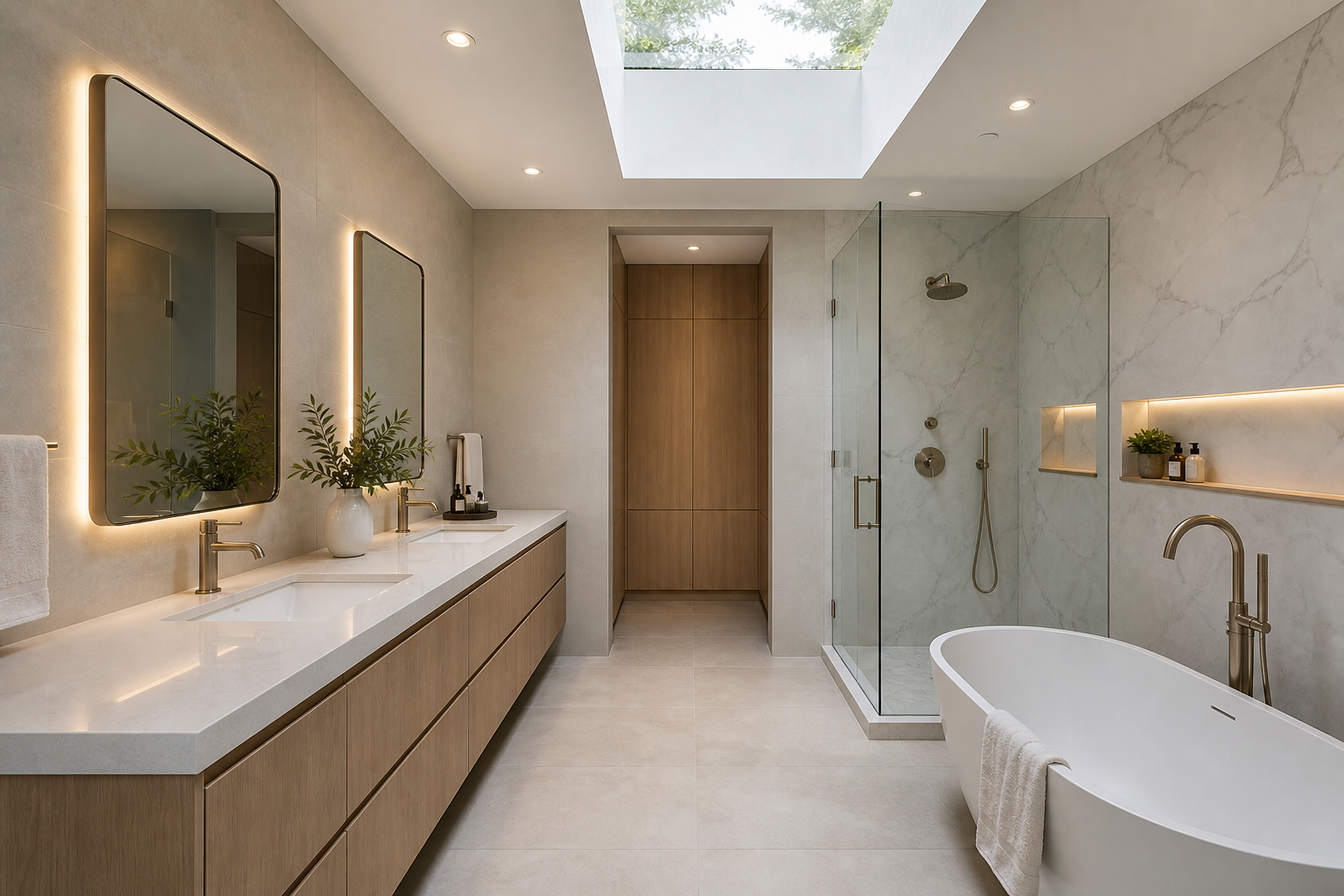 Contemporary Saratoga primary bathroom with a skylight, backlit mirrors and a floating oak double vanity