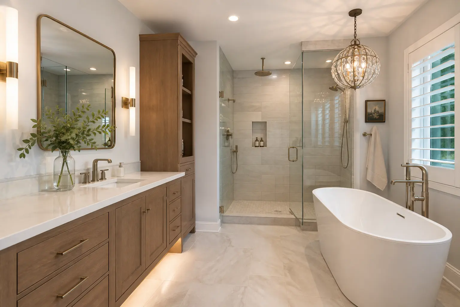 Complete bathroom remodel with oak vanity, quartz counter, glass shower and freestanding tub