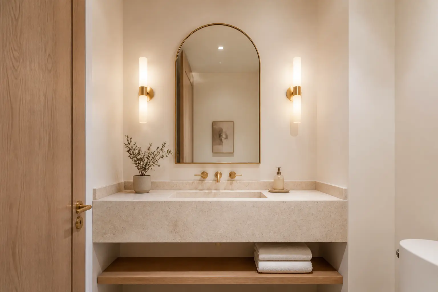 Light powder room with limestone vanity, arched brass mirror and sconces