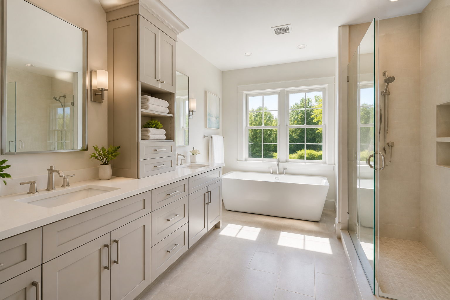 Bright Saratoga family bathroom with double vanity, storage tower and a freestanding tub under the window