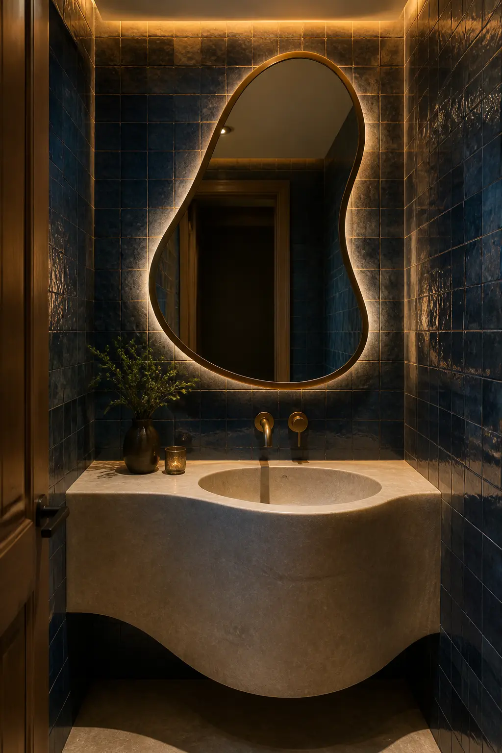 Belvedere jewel box powder room with deep blue glazed tile, brass fittings and a carved stone sink