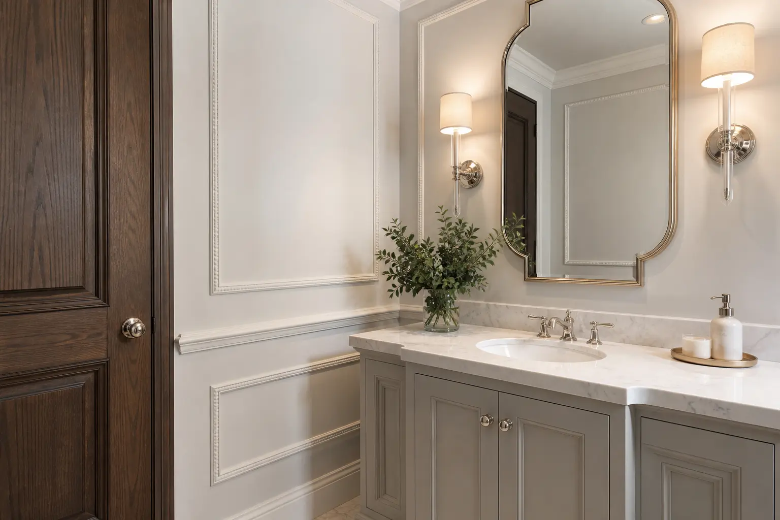 Traditional powder room with panelled walls, grey vanity and marble counter