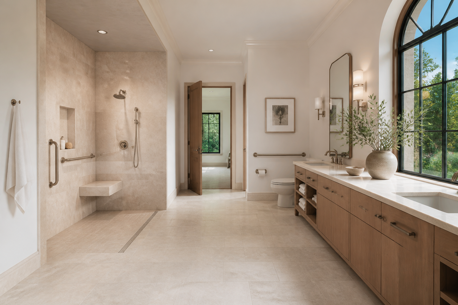 Atherton aging-in-place bathroom with a curbless shower, bench and discreet grab bars