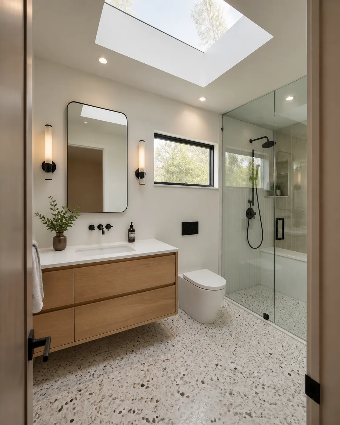 Bright contemporary Los Altos bathroom with a skylight, floating oak vanity and terrazzo floors