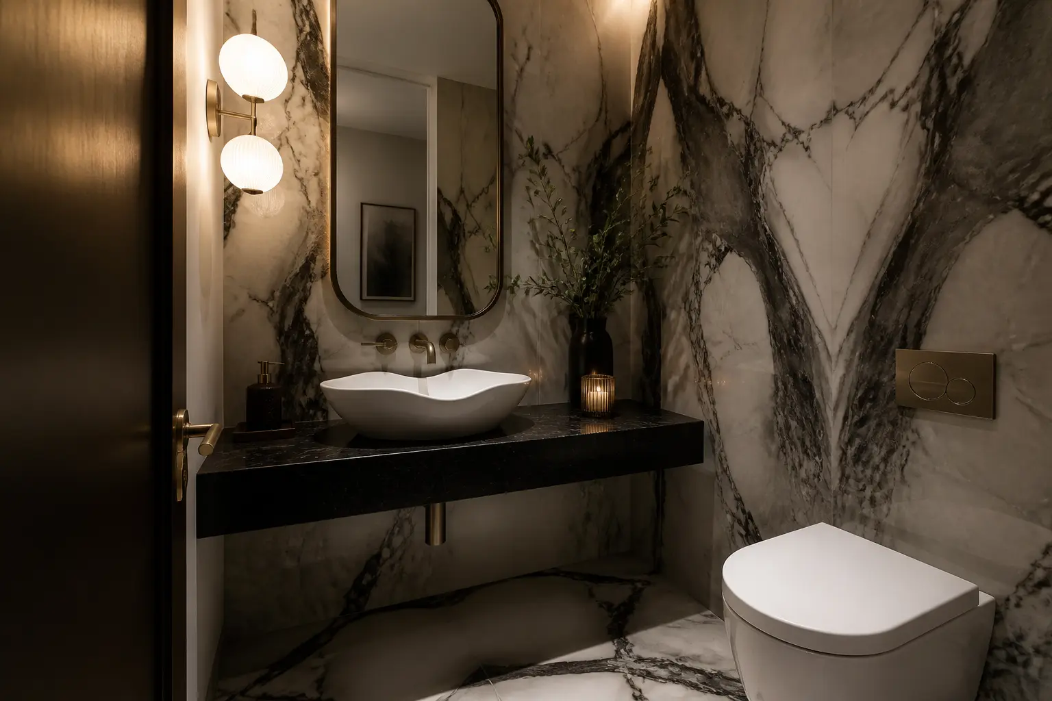 Marble powder room with vessel sink, black stone shelf and book-matched slab