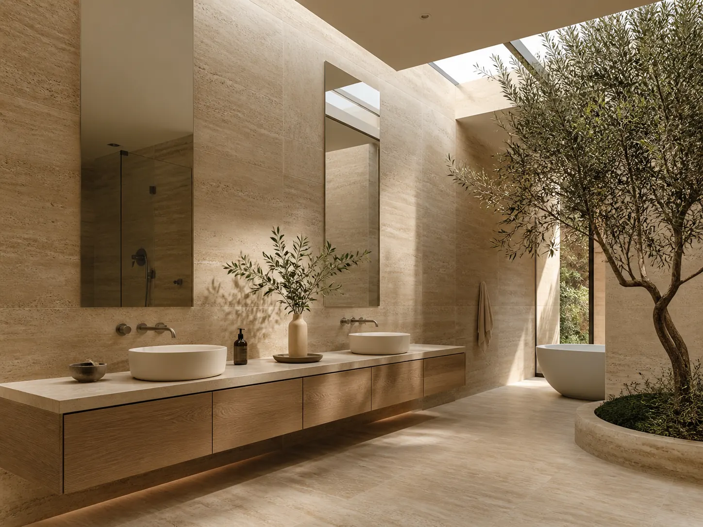 Organic modern Atherton bathroom clad in travertine with a floating oak vanity and olive tree
