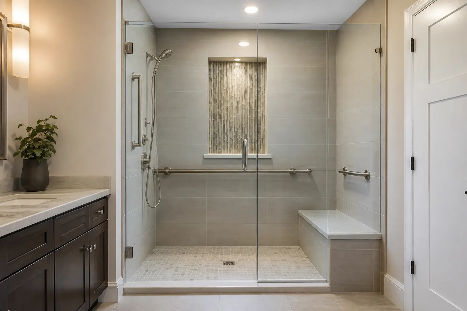 Accessible tub to shower conversion with grab bars, bench and low threshold