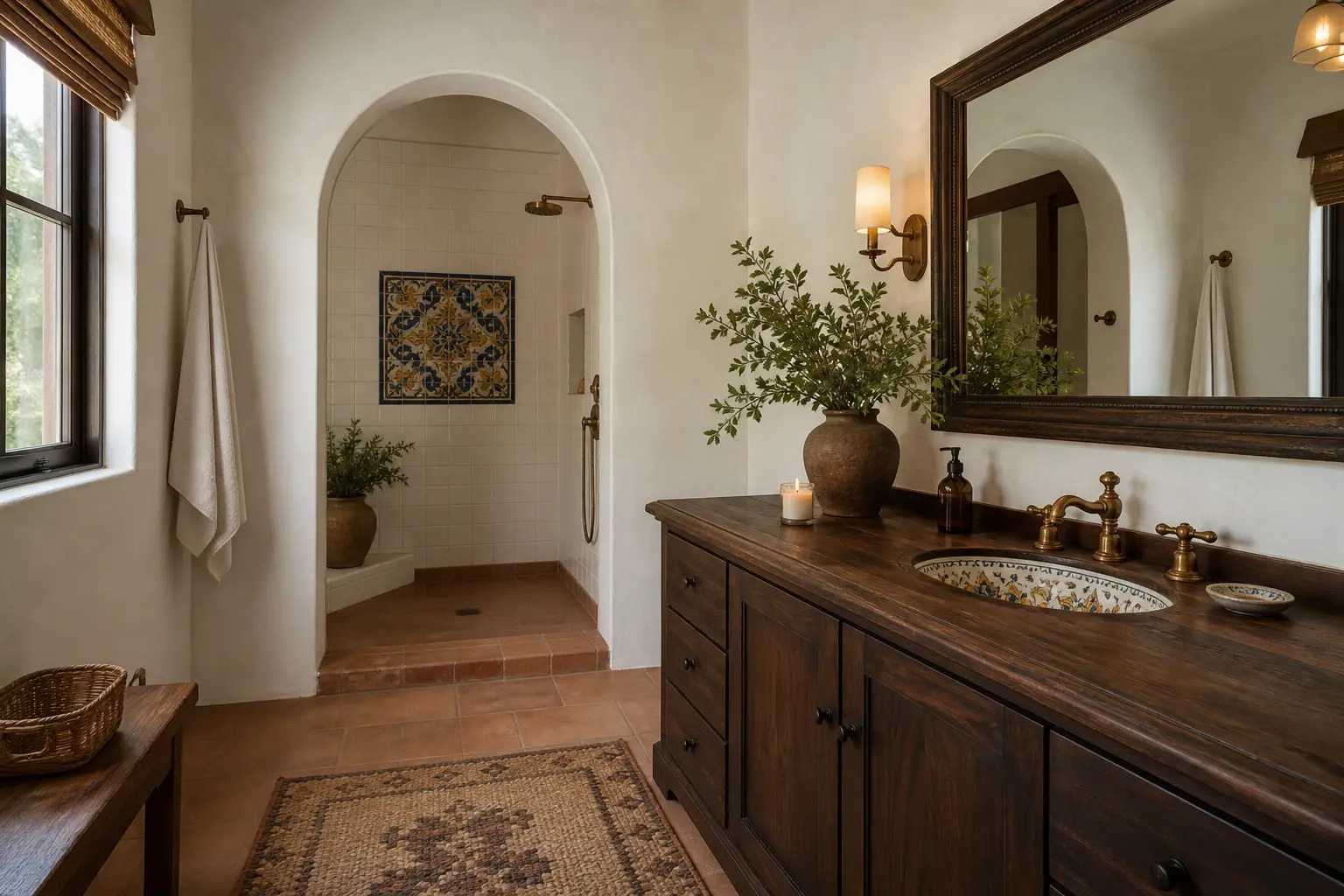 Spanish revival Rolling Hills bathroom with an arched tiled shower, terracotta floors and a hand-painted basin
