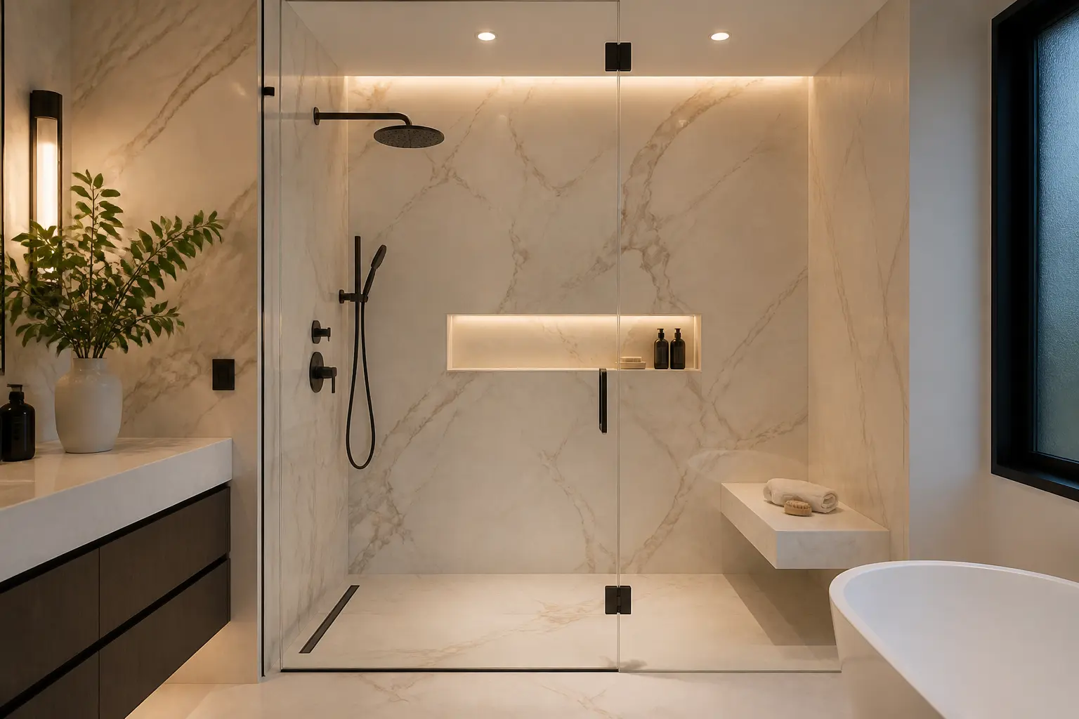 Marble slab shower with cove lighting and floating bench replacing a bathtub