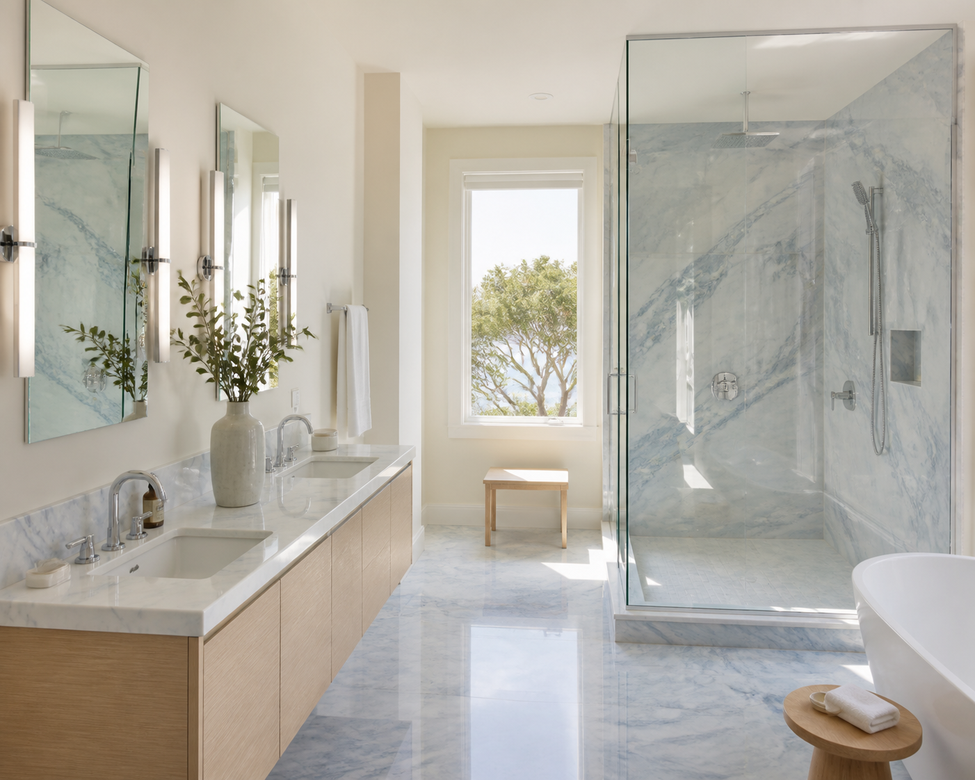 Belvedere bathroom in blue-gray marble with a glass shower and light oak double vanity