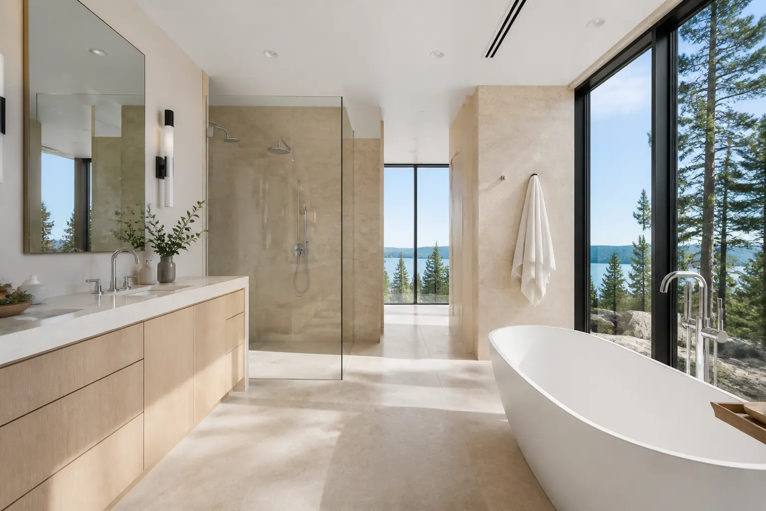 Contemporary bathroom with travertine surfaces, oak vanity and lake view