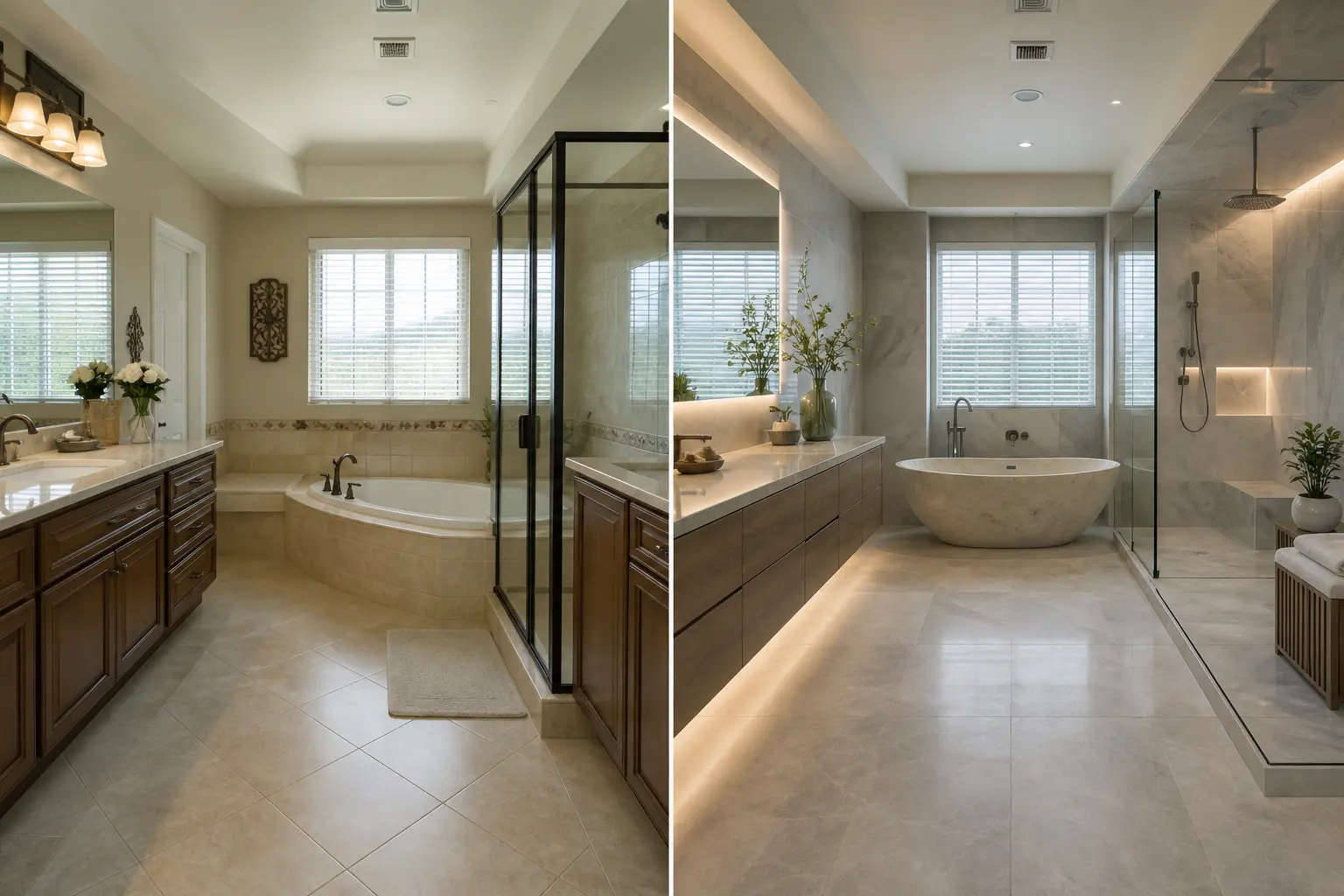 Los Angeles bathroom before and after, from a corner jetted tub to a stone soaking tub with frameless glass shower