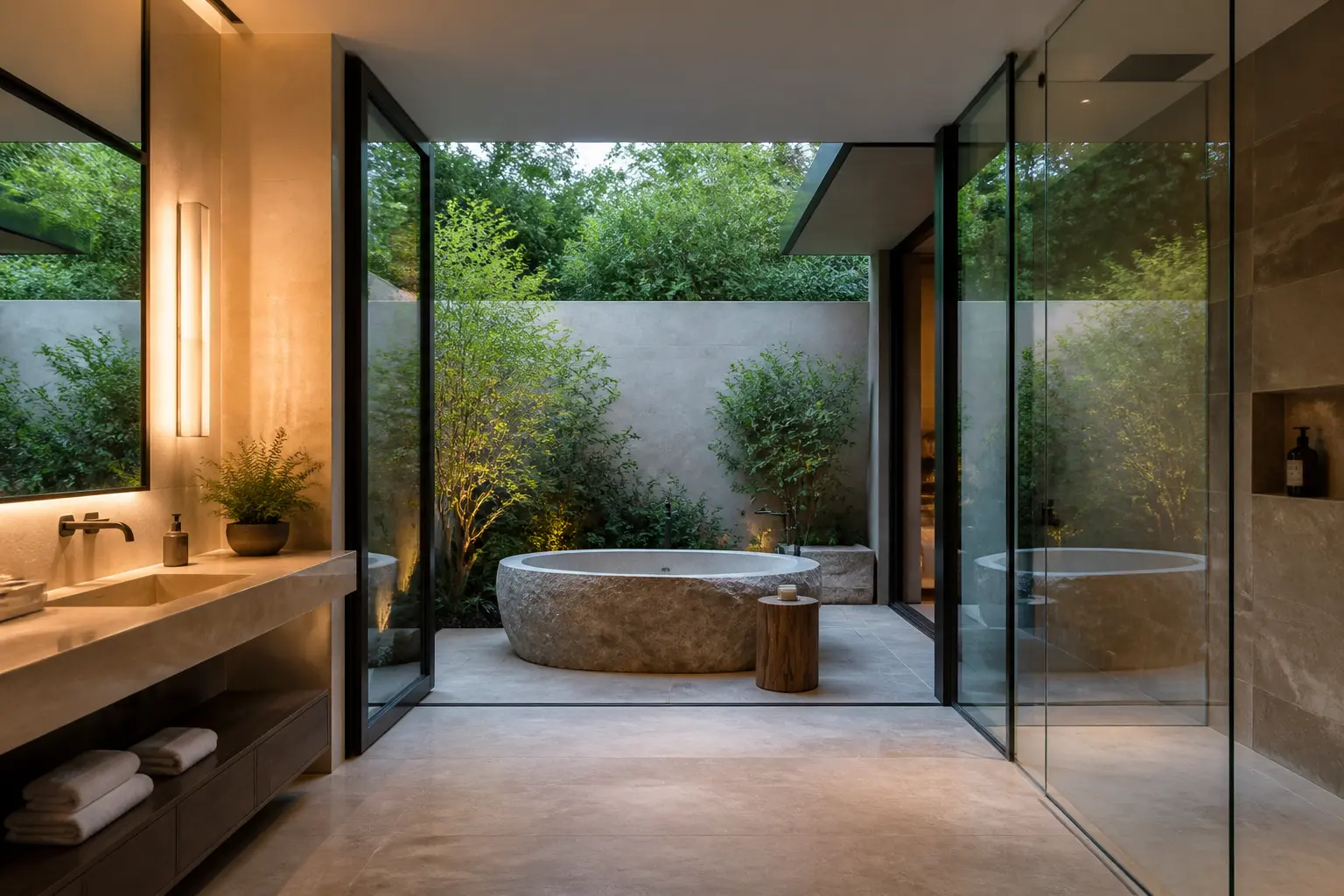 Beverly Hills indoor-outdoor bathroom with stone tub in a garden courtyard