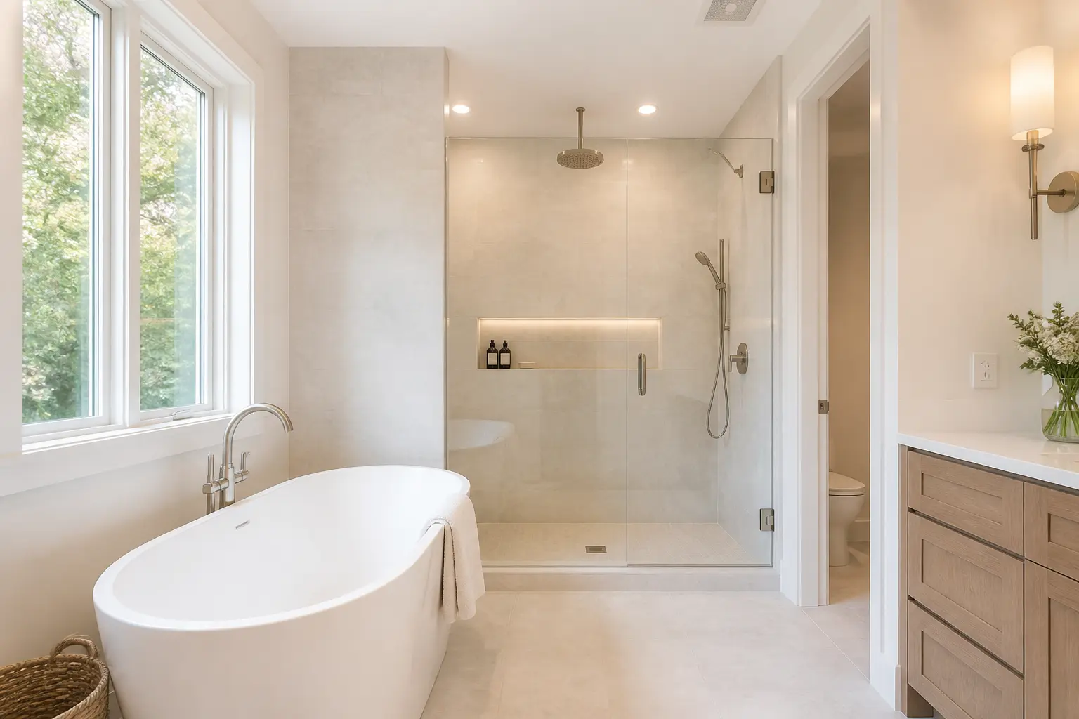 Bright bathroom with freestanding tub and new glass shower after conversion