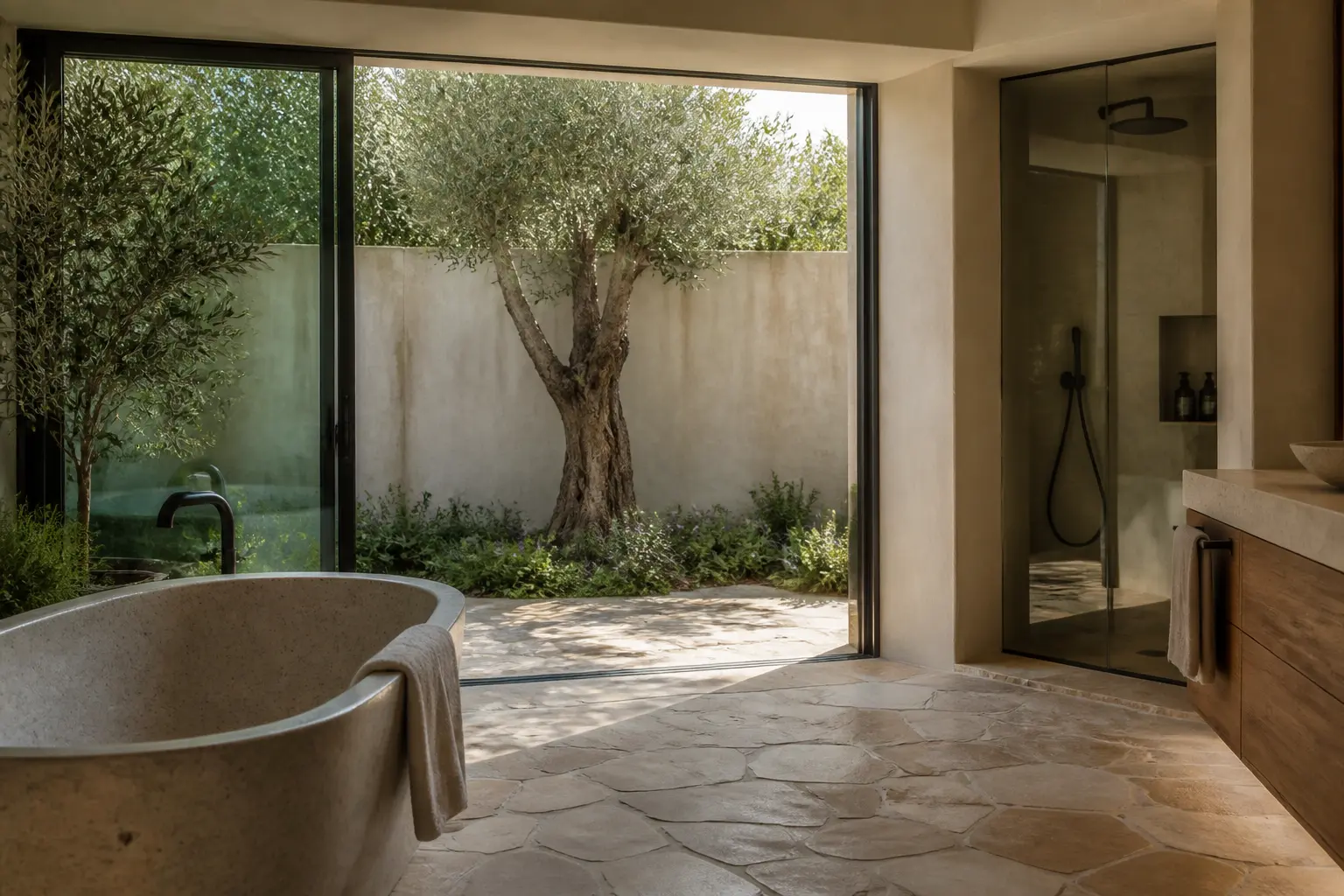 Indoor-outdoor Rolling Hills bathroom with a carved stone tub opening to an olive tree courtyard