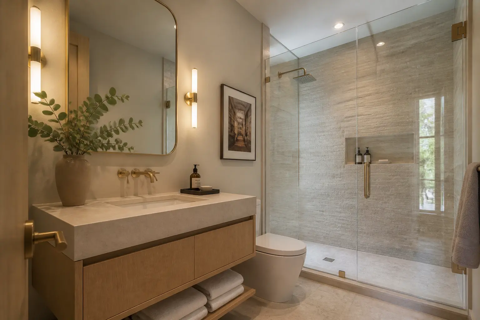 Los Angeles guest bath with oak vanity, brass sconces and a travertine shower