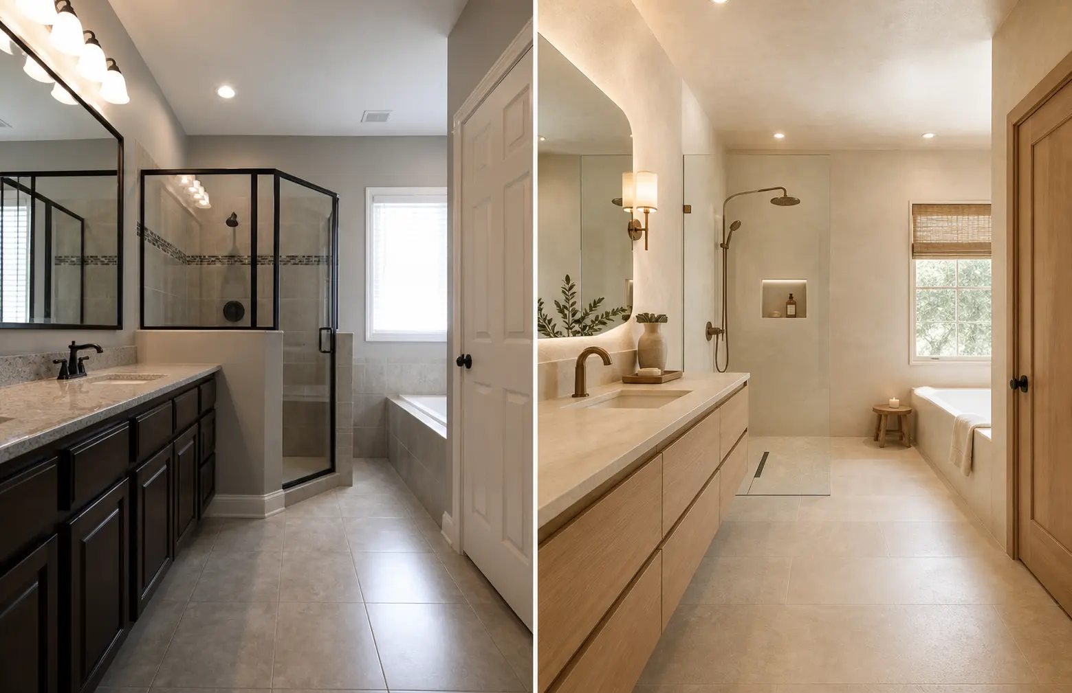 Modern organic bathroom before and after, from dark raised-panel cabinetry to a warm plaster and white oak scheme