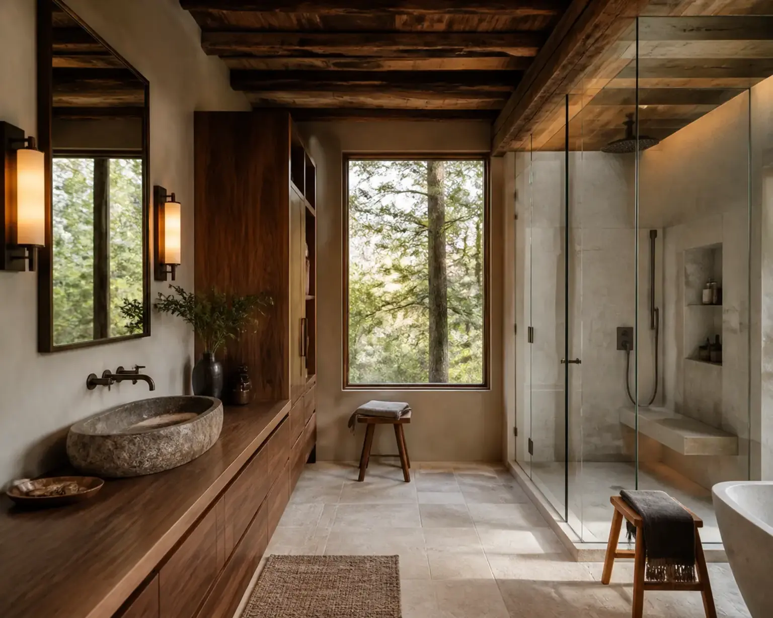 Rustic modern Woodside bathroom with reclaimed beams, carved stone vessel sink and a glass steam shower