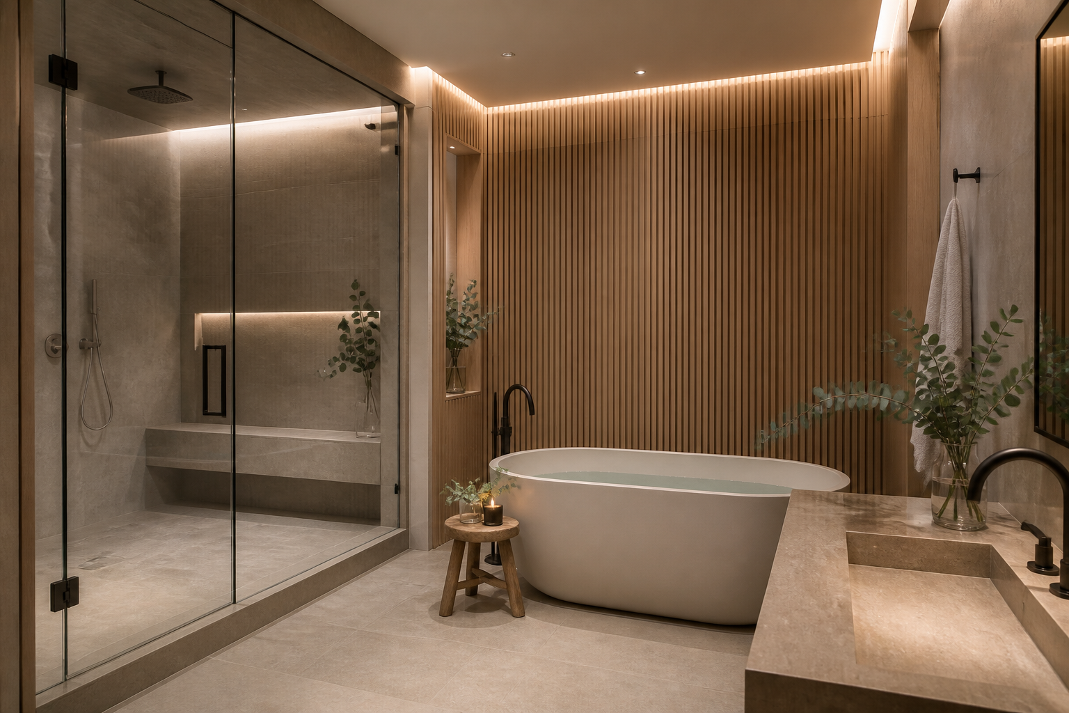 Hidden Hills wellness bathroom with steam shower, fluted oak wall and freestanding soaking tub