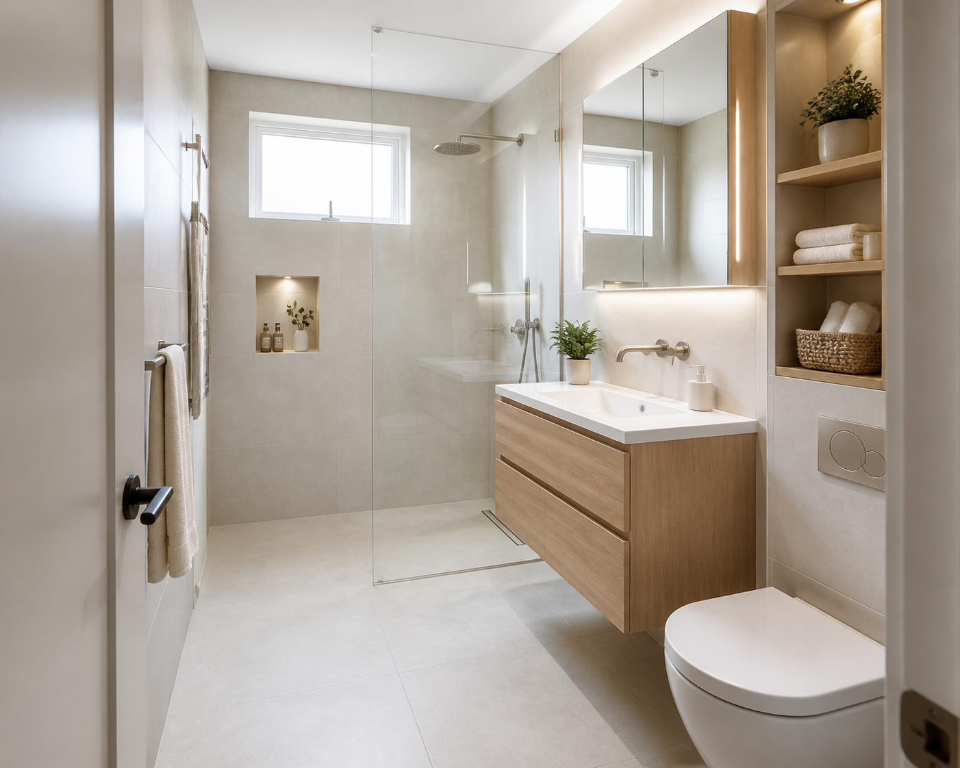 Compact Los Altos bathroom renovation with a curbless walk-in shower and wall-hung oak vanity
