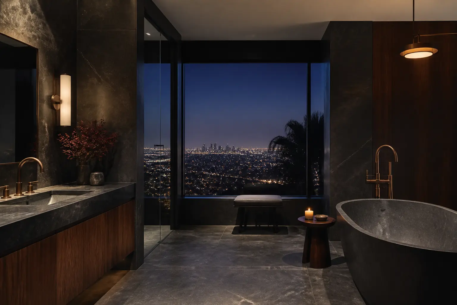 Los Angeles bathroom at night in dark stone with walnut cabinetry and city lights