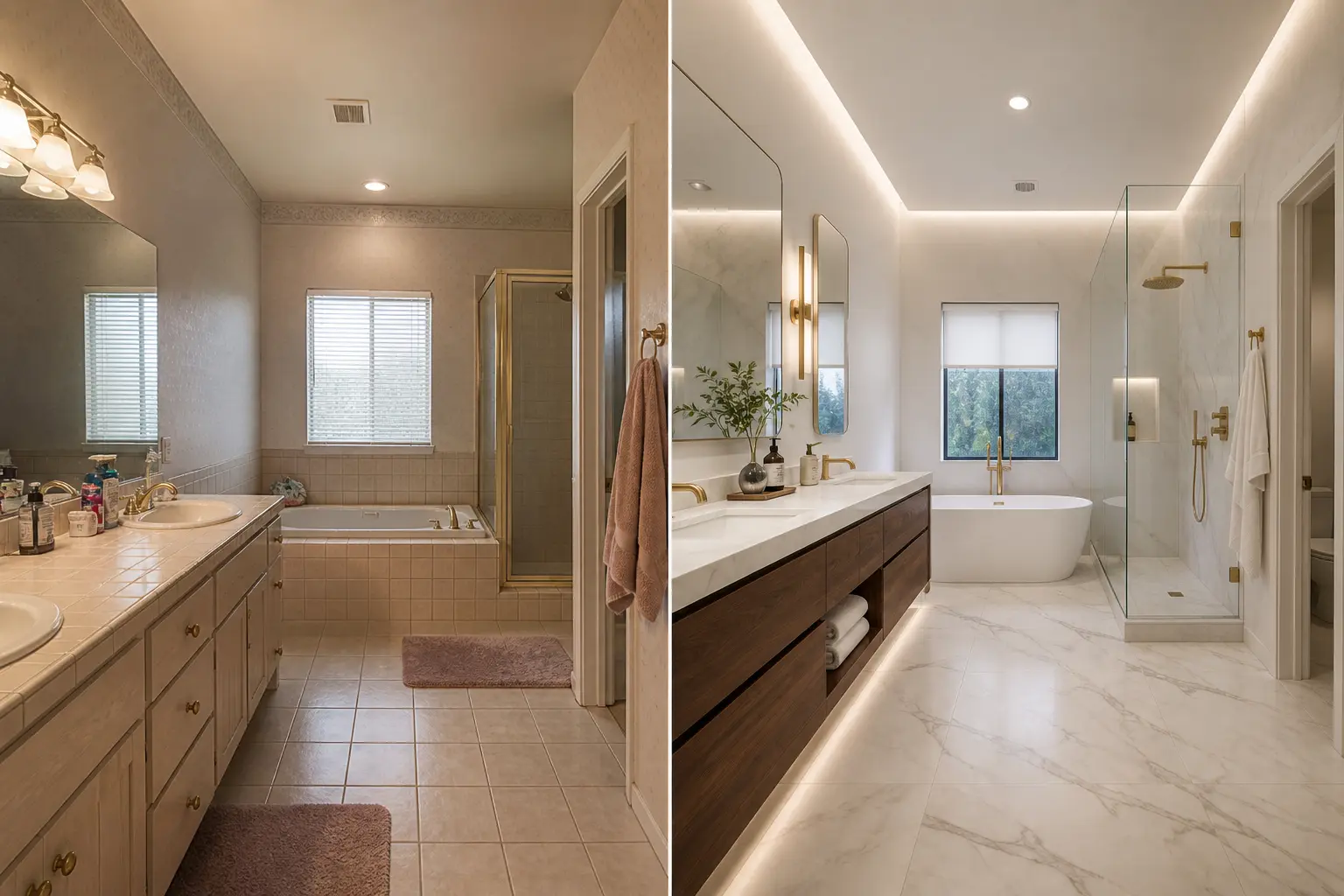 Before and after of a dated tile-counter bathroom transformed into a marble suite with a walnut floating vanity, freestanding tub and frameless glass shower