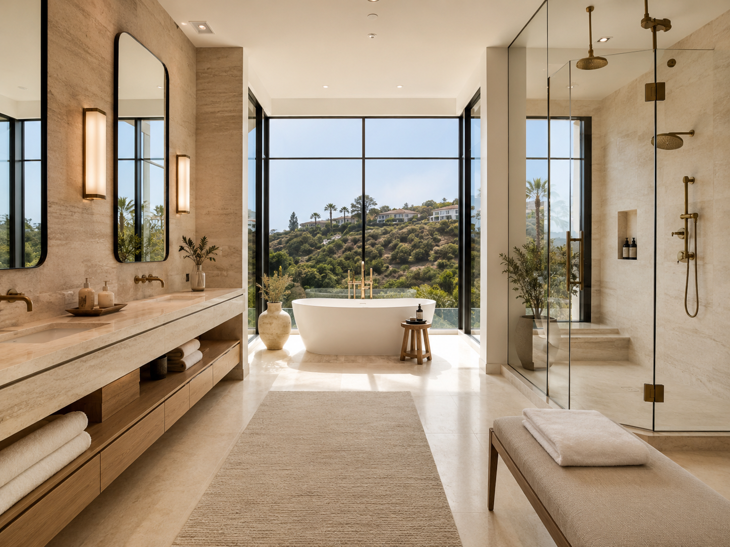 Walk-in shower with frameless glass, warm porcelain tile and teak bench