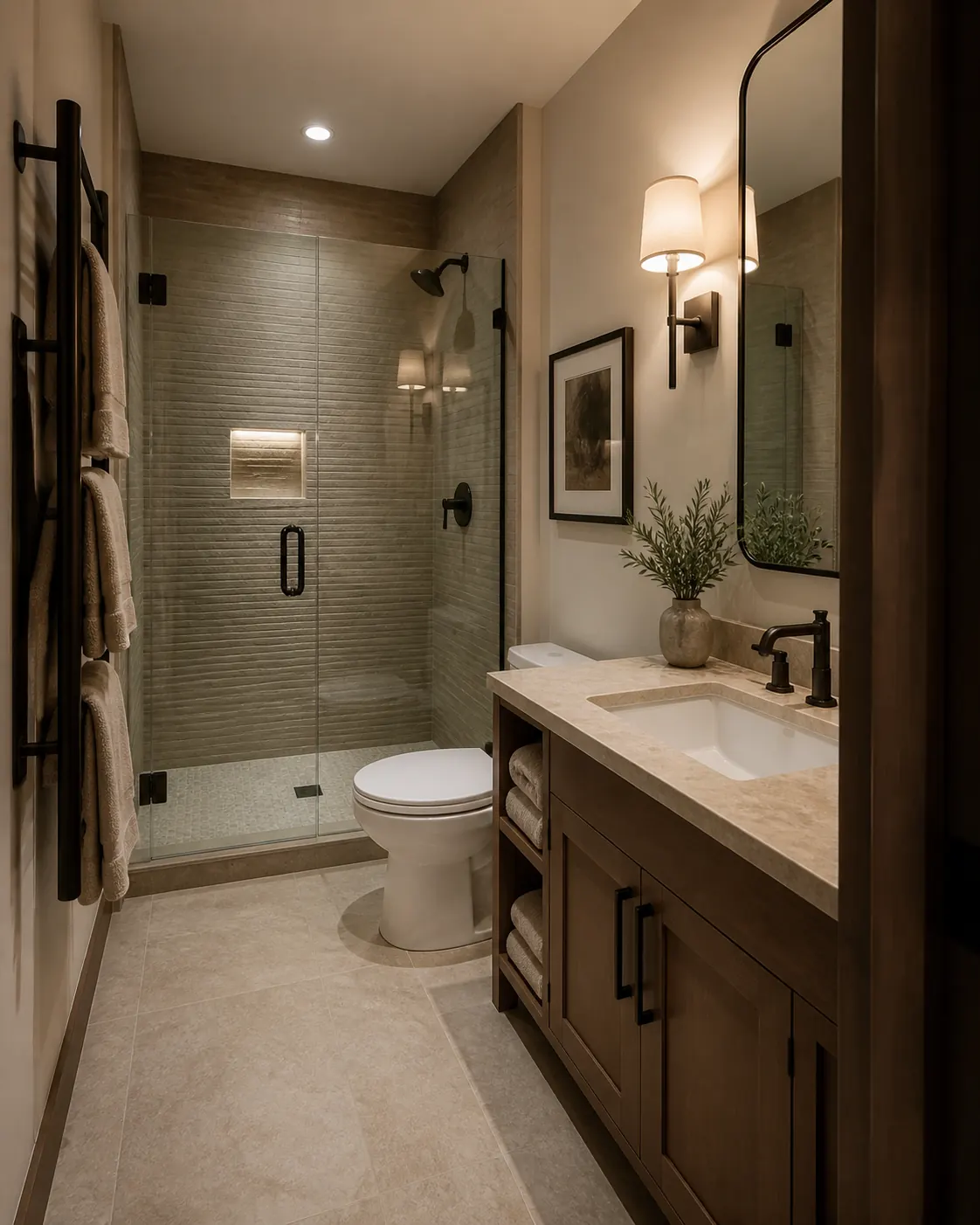 Rolling Hills guest bathroom with textured tile shower, walnut vanity and warm sconce lighting