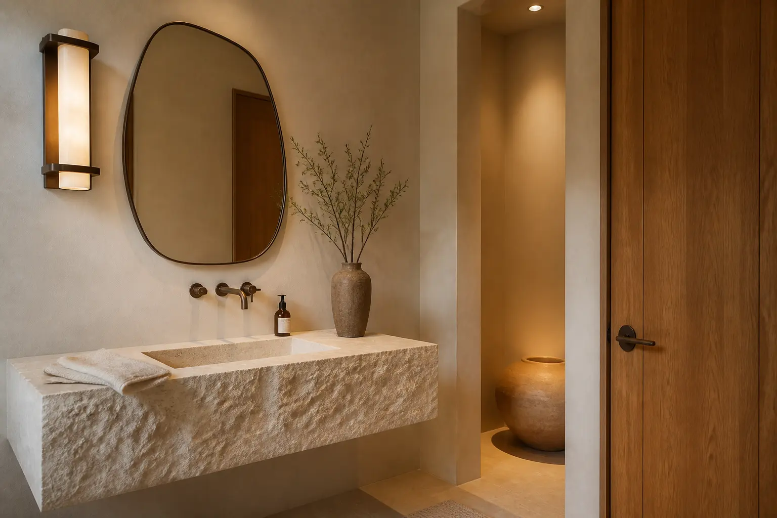 Warm minimal powder room with chiselled limestone vanity and plaster walls