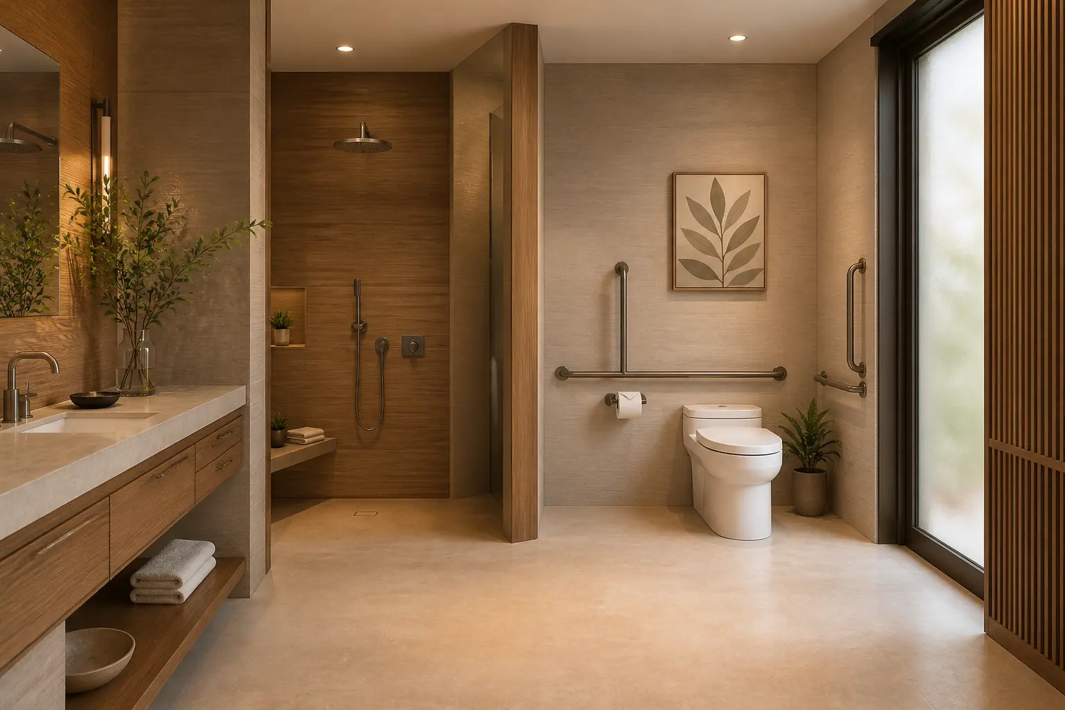 Warm accessible bathroom with curbless shower, grab bars and comfort-height toilet