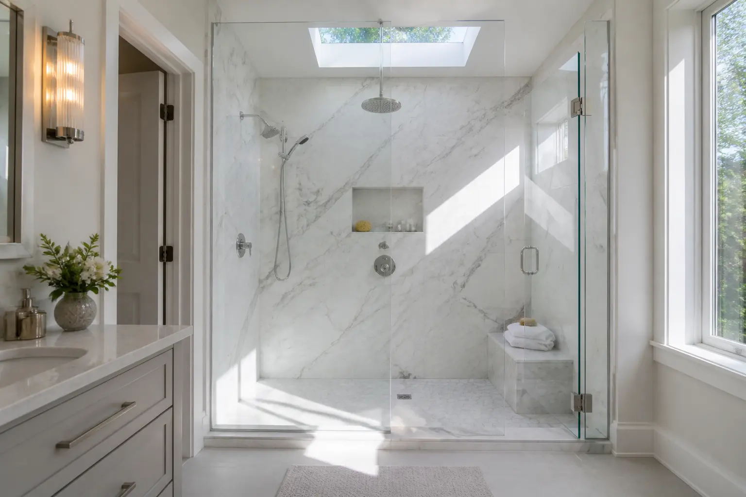Bright marble walk-in shower with skylight, corner seat and glass enclosure