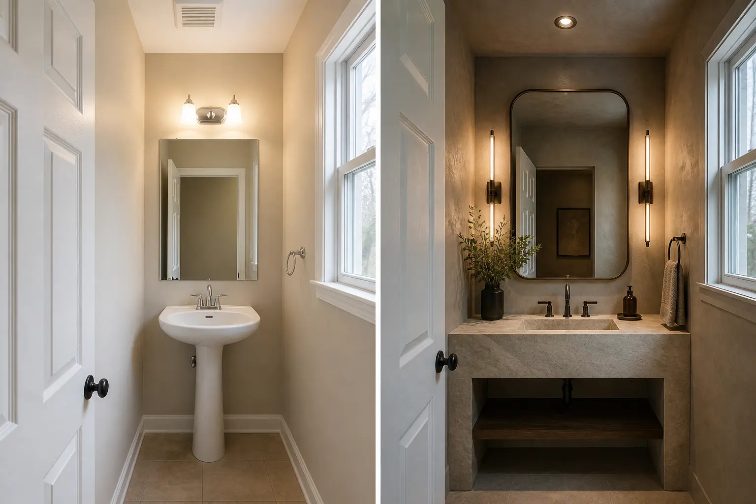 Powder room before and after, from a pedestal sink and builder mirror to a stone console with a plaster wall finish
