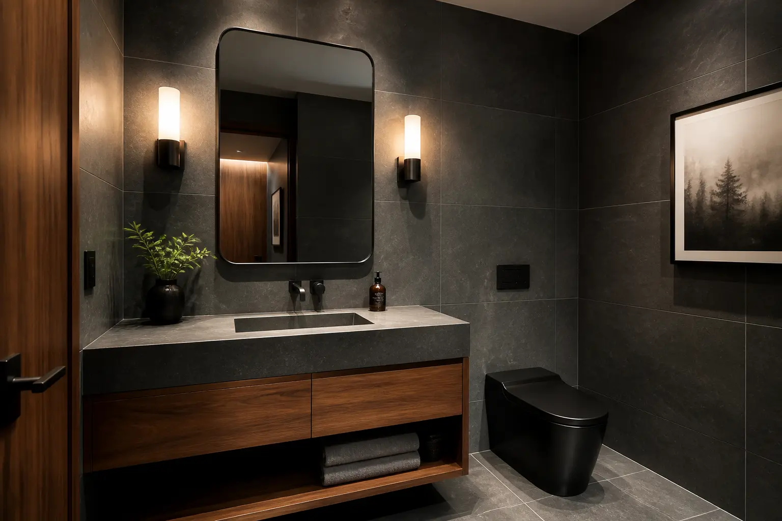 Dark grey powder room with stone vanity, walnut drawers and black fixtures