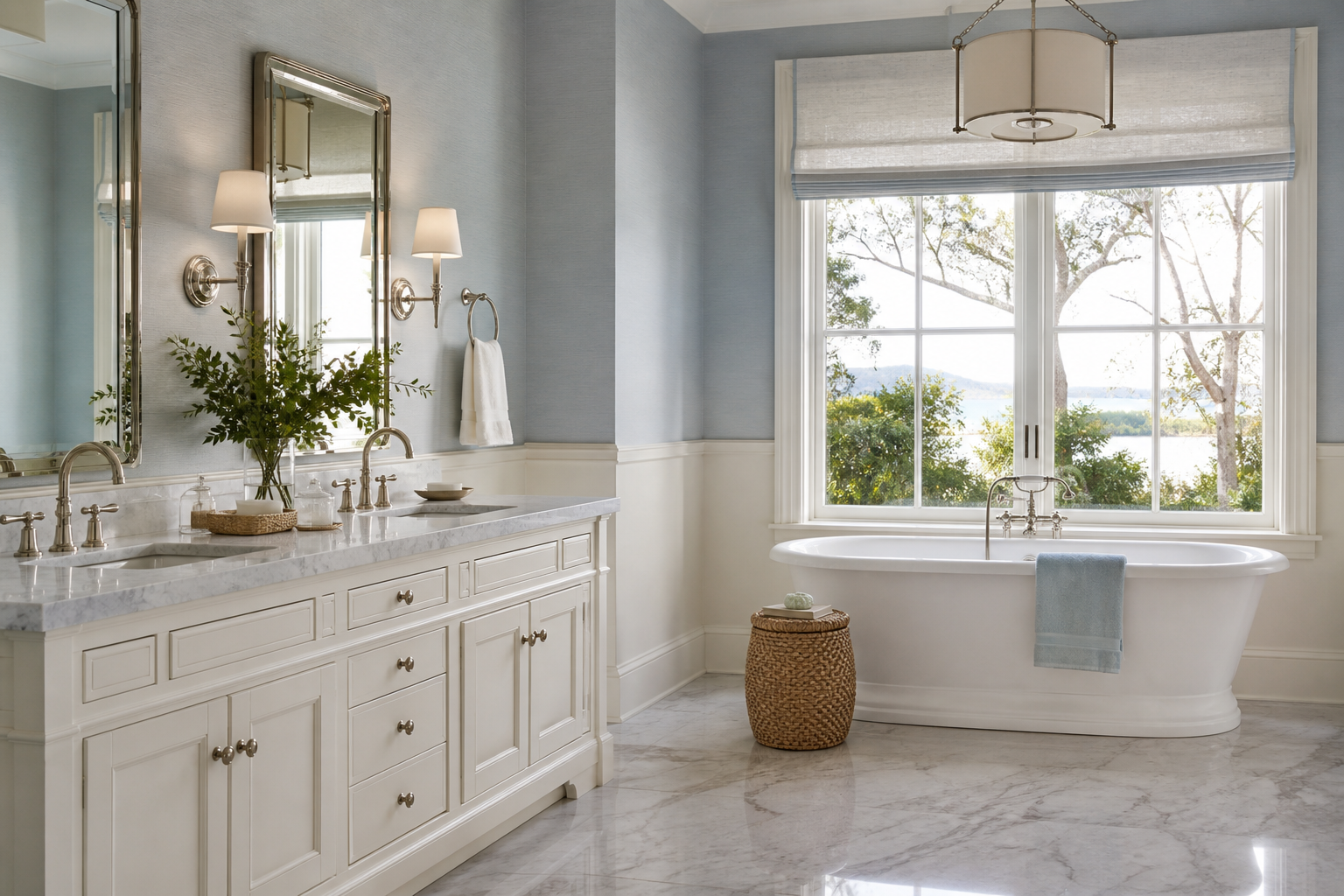 Transitional Belvedere primary bathroom with grasscloth walls, marble counters and a classic soaking tub
