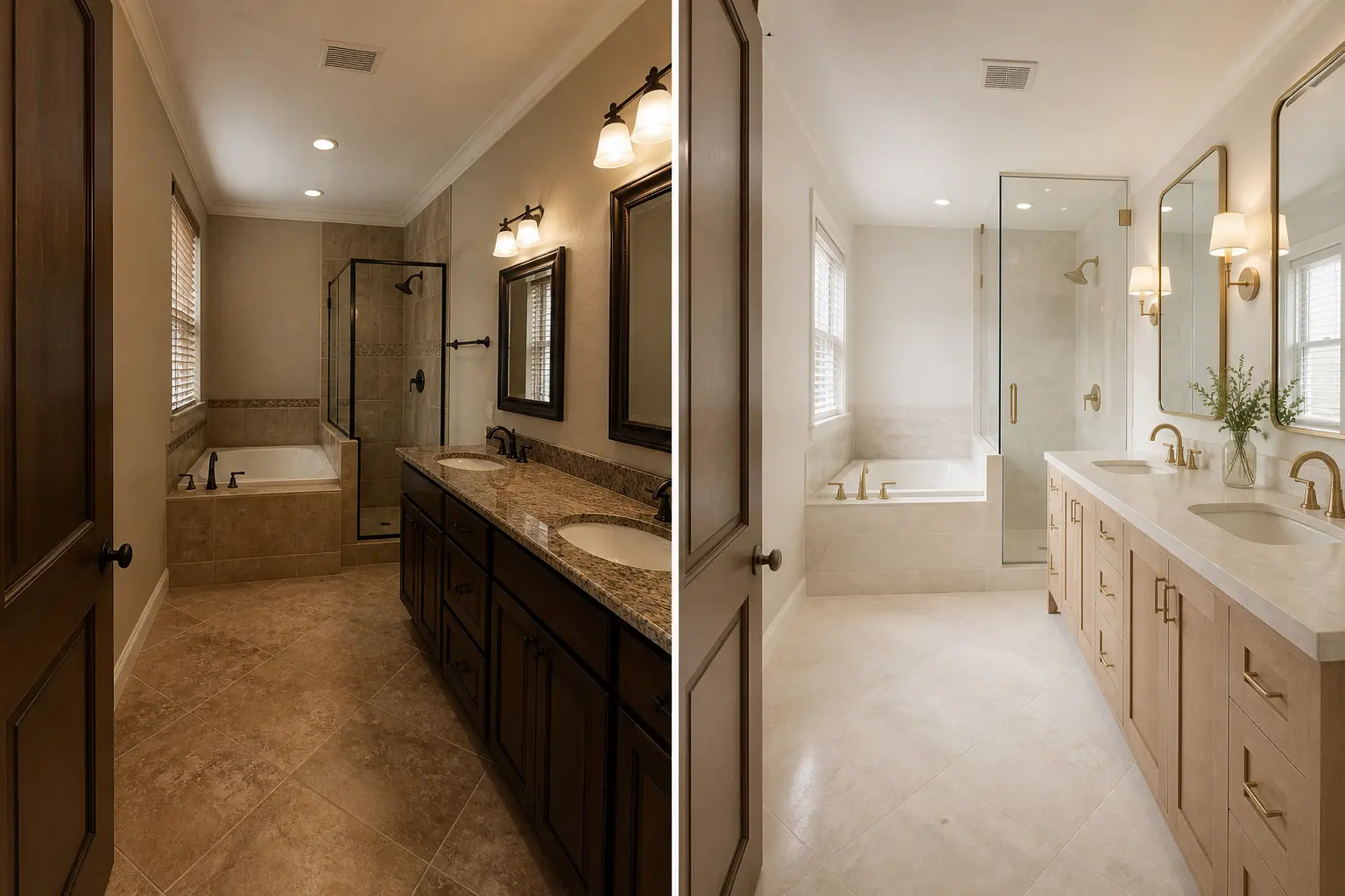 Bathroom before and after moving from dark travertine and stained wood to a pale limestone and brass palette